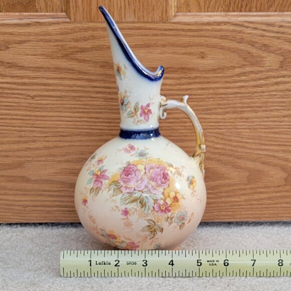 Antique Floral Porcelain Pitcher Vase | Jersey Pottery England | Gilt Handle - Picture 10 of 12